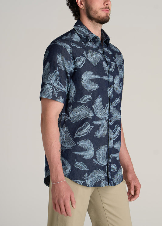 American-Tall-Men-Print-Chambray-Short-Sleeve-Button-Shirt-Dark-Grey-Palm-Print-side