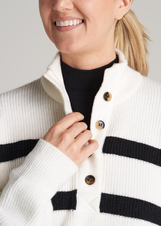    American-Tall-Women-Button-Front-Mock-Neck-Sweater-Off-White-Black-Stripe-detail