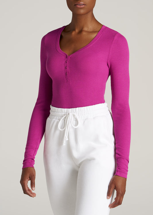      American-Tall-Women-LS-Ribbed-V-Neck-Henley-Pink-Orchid-front