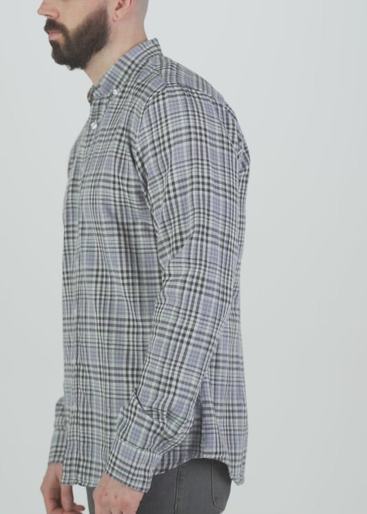 Double-Weave Button-Up Shirt for Tall Men in Grey Plaid