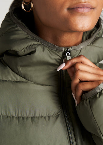 Zipper detail of women's tall puffer jacket by joyouslyvibrantlife