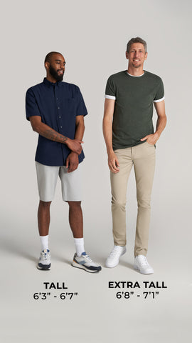 Two men standing. Height range callouts: clothing for men 6'3" to 7'1"
