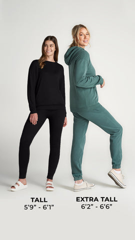 Two women standing with height range callouts: clothing for women 5'9" to 6'6"