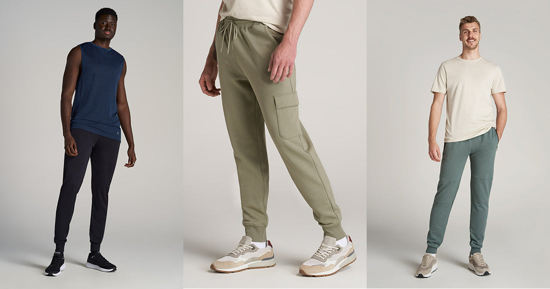 Three tall men wearing joggers designed for tall people