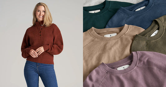 left: tall woman wearing mock-neck button front sweater in copper. right: grouping of crewneck sweatshirts in various colors