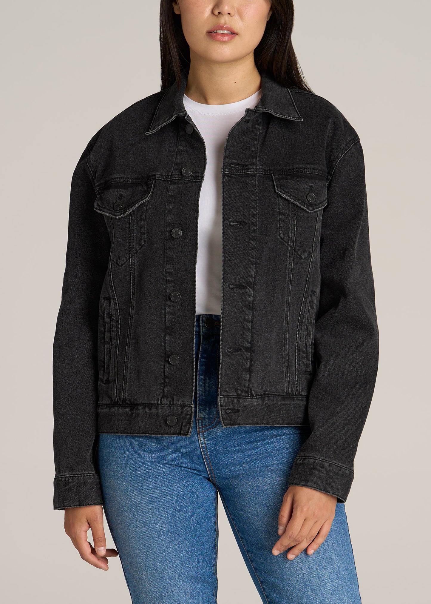 American-Tall-Women-Relaxed-Denim-Jacket-Black-Stone-Wash-front