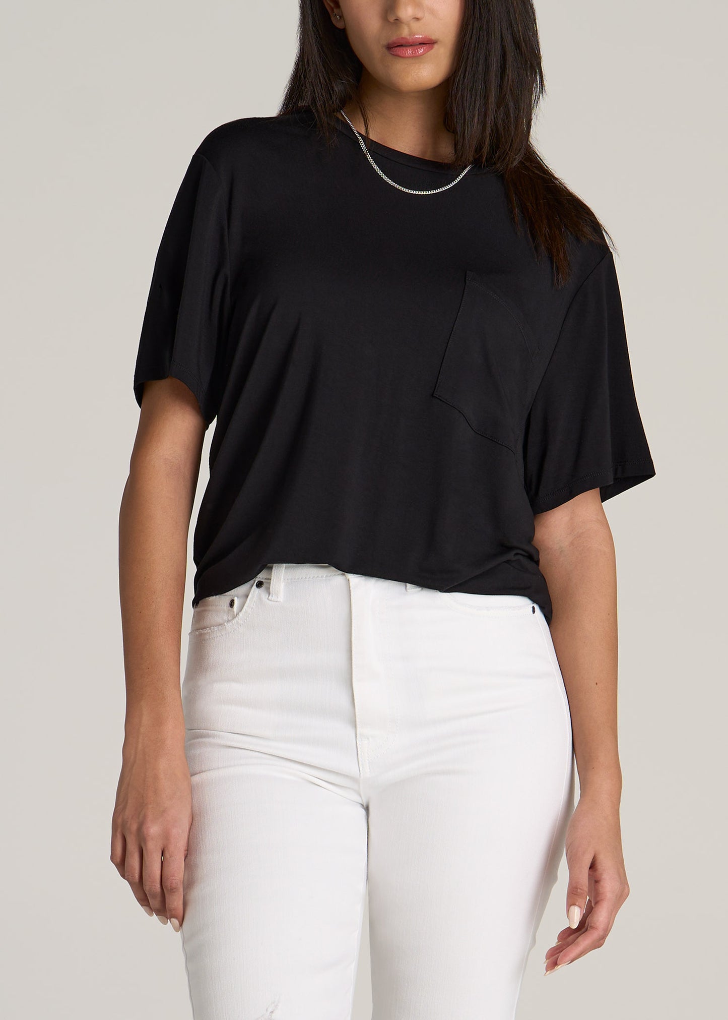 American-Tall-Women-Short-Sleeve-Relaxed-Crewneck-Pocket-T-Shirt-Black-Front