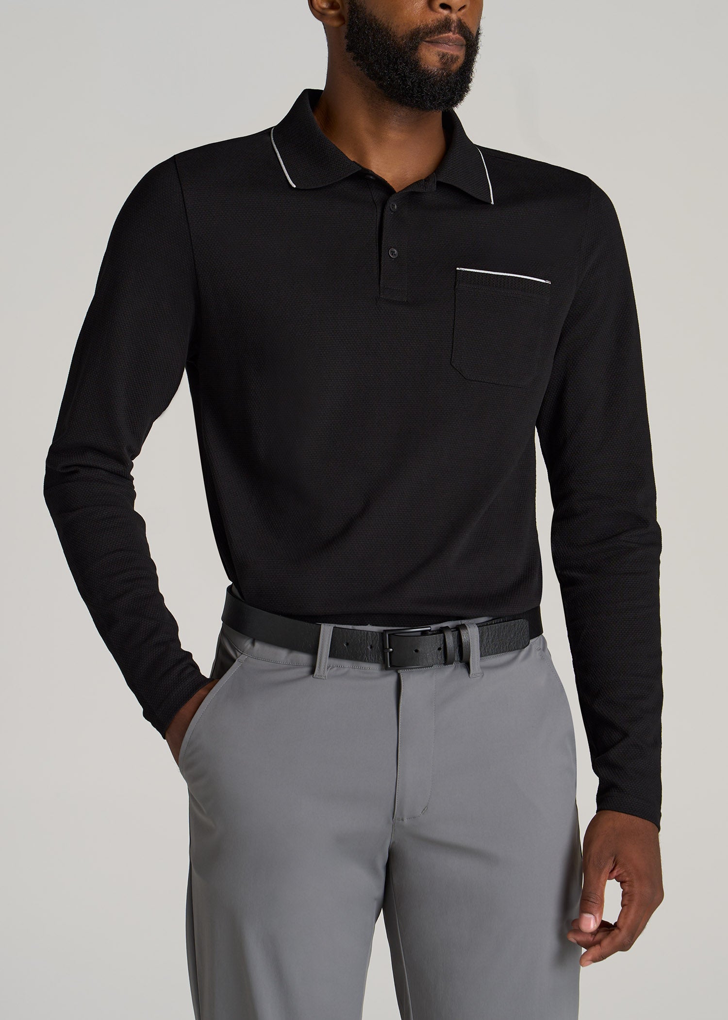    American-Tall-Men-3-Button-Placket-Polo-Shirt-Black-and-White-front
