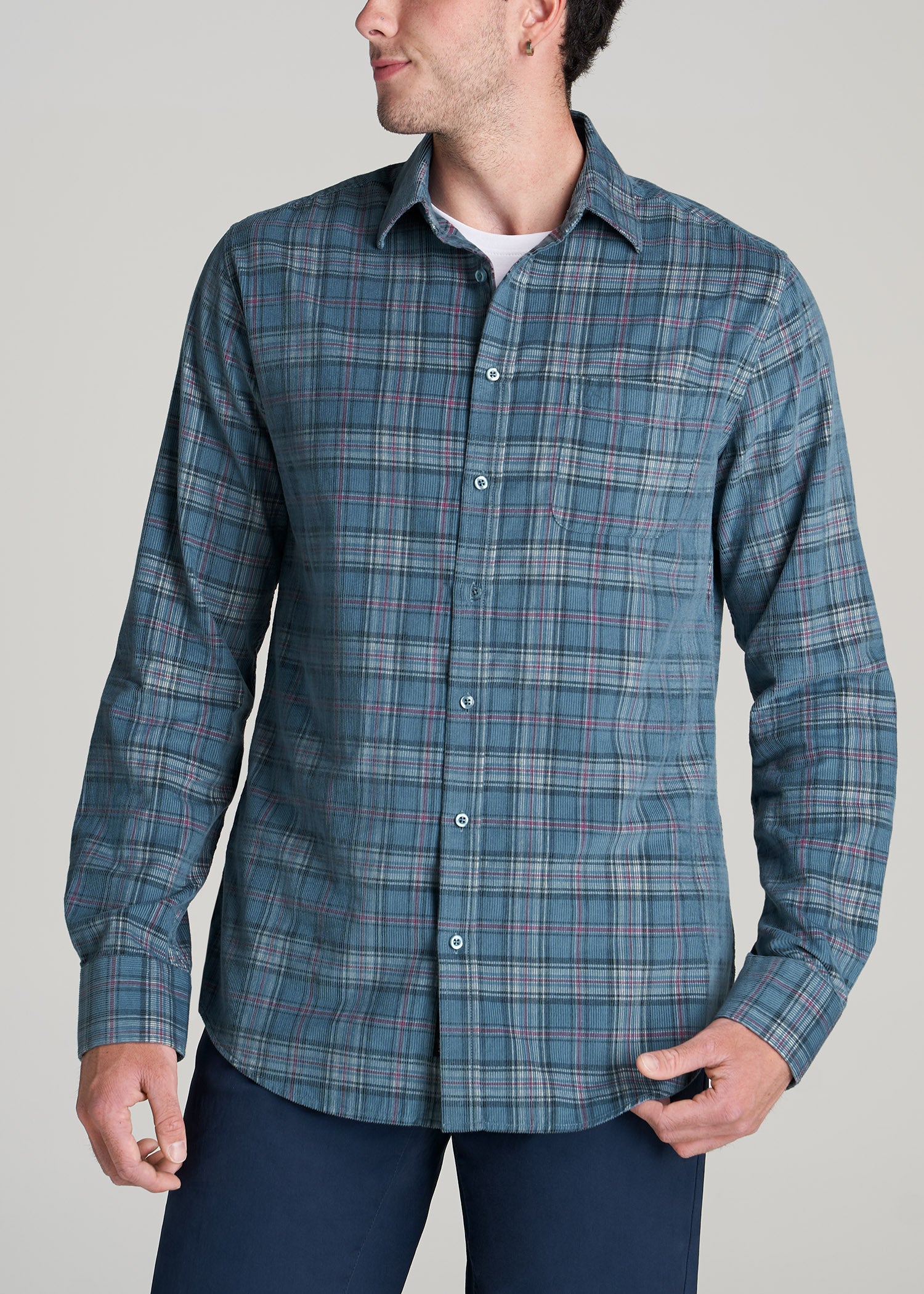       American-Tall-Men-Baby-Wale-Corduroy-Button-Shirt-Medium-Blue-Red-Plaid-front