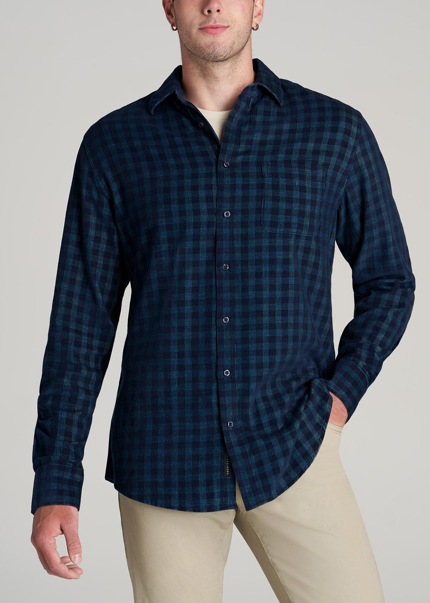       American-Tall-Men-Baby-Wale-Corduroy-Button-Shirt-Teal-Navy-Plaid-front