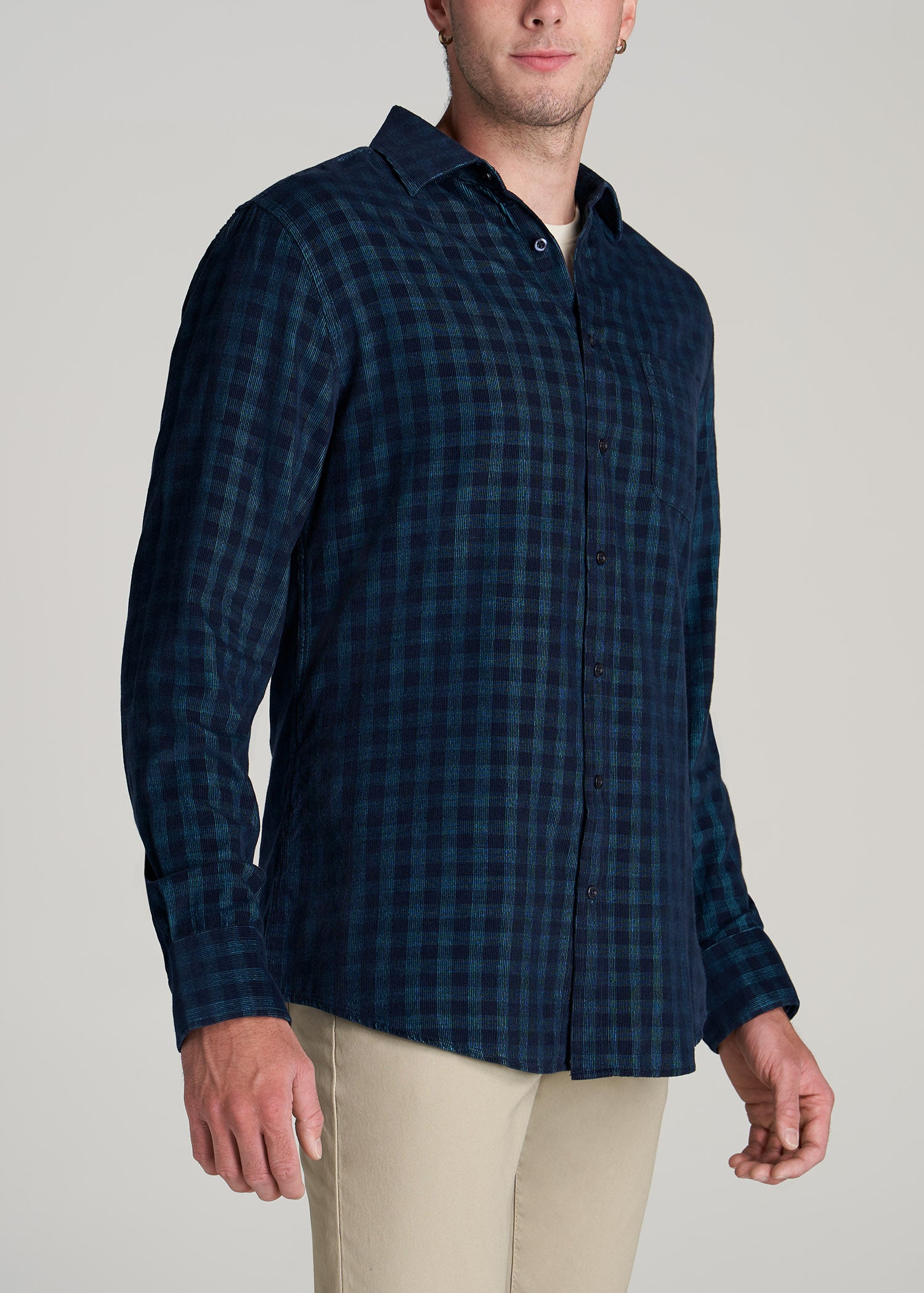    American-Tall-Men-Baby-Wale-Corduroy-Button-Shirt-Teal-Navy-Plaid-side
