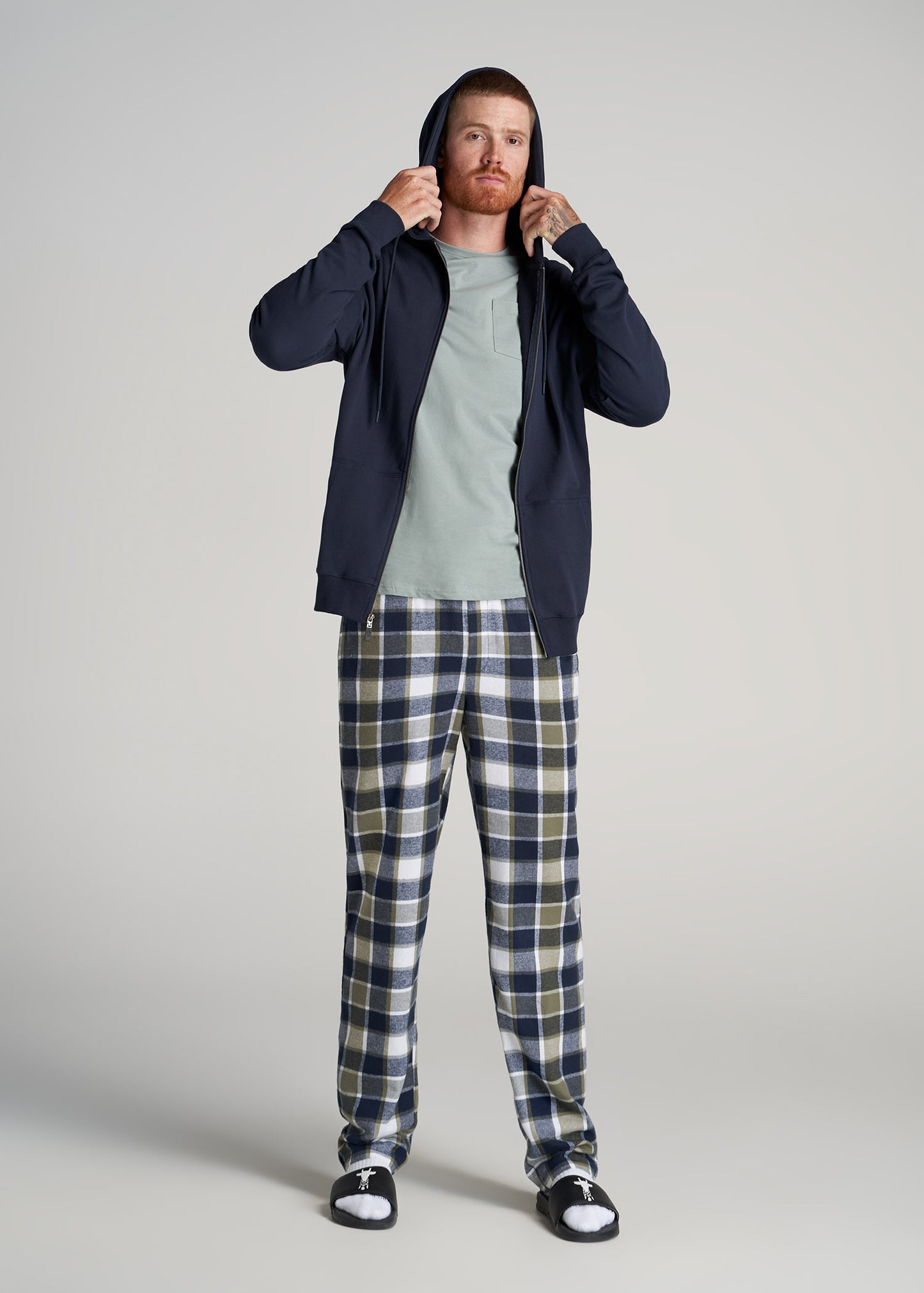         American-Tall-Men-Flannel-Pajamas-Olive-Navy-Grid-full