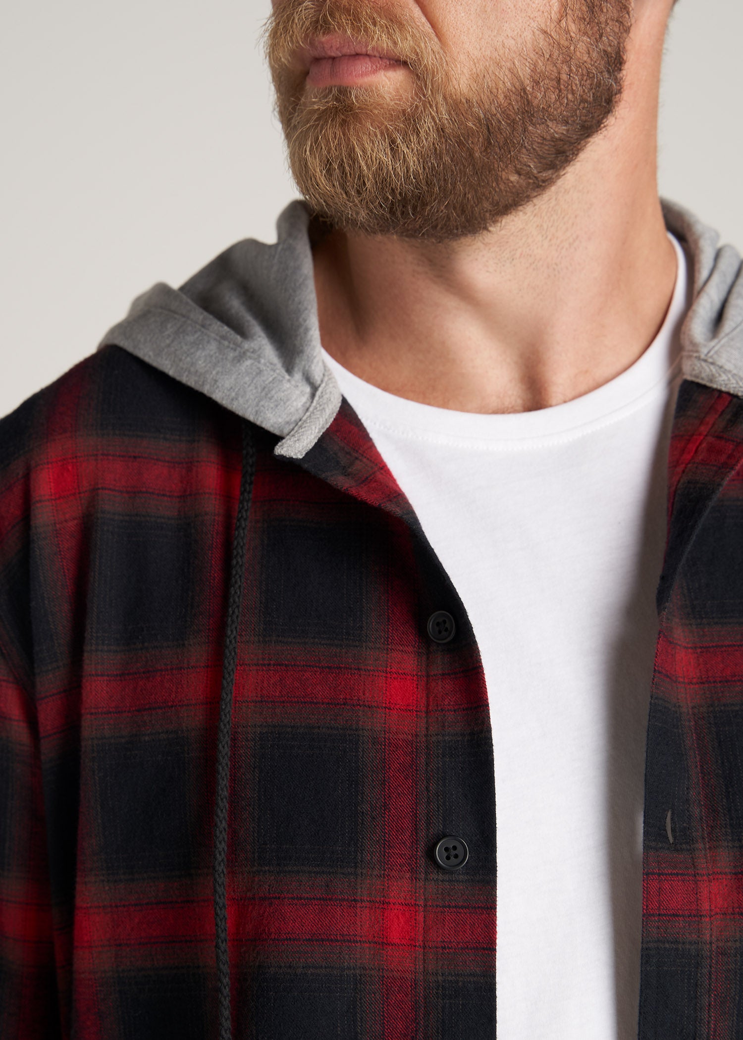     American-Tall-Men-LJ-Hooded-FlannelShirt-BlackRedPlaid-detail