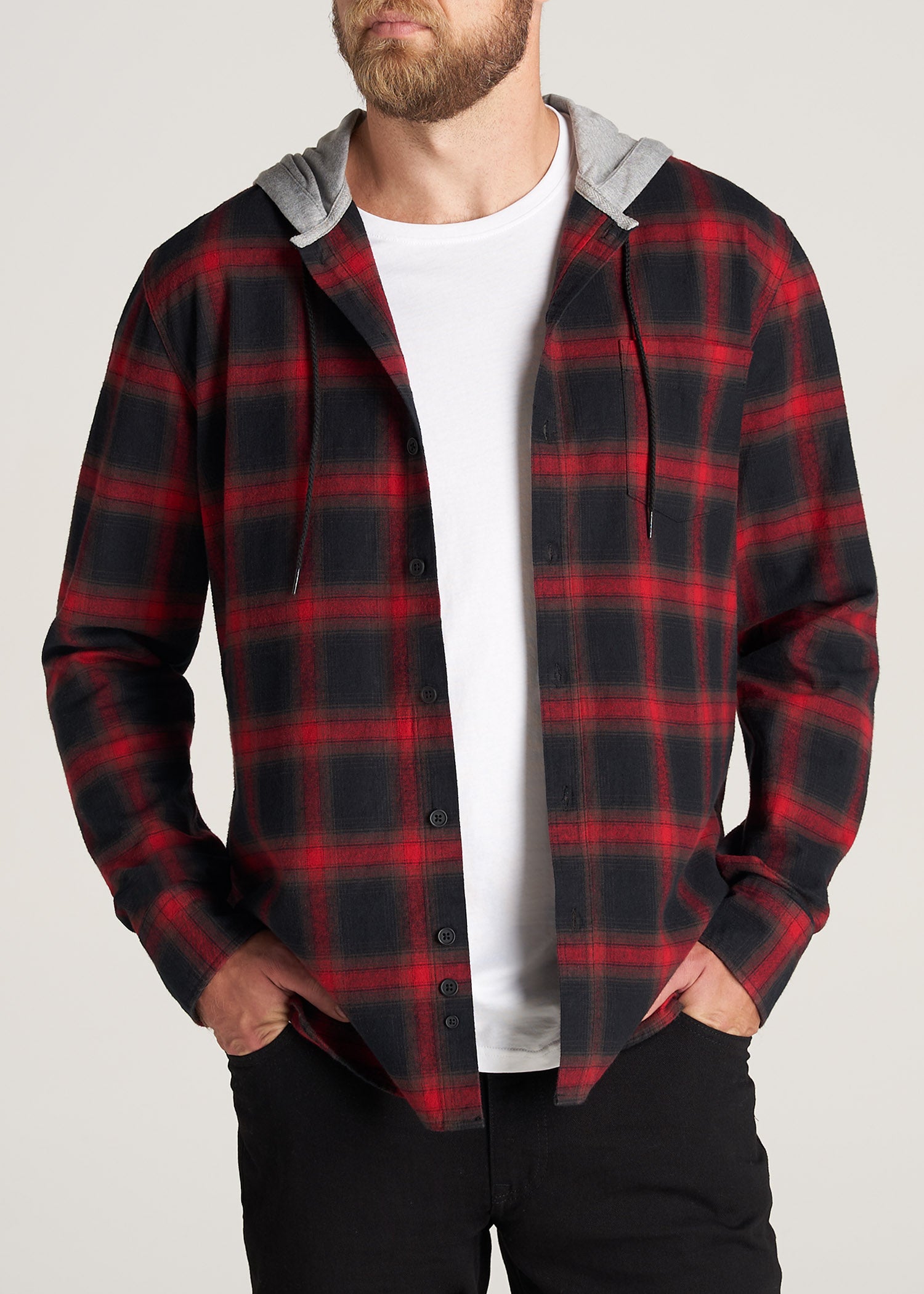     American-Tall-Men-LJ-Hooded-FlannelShirt-BlackRedPlaid-front