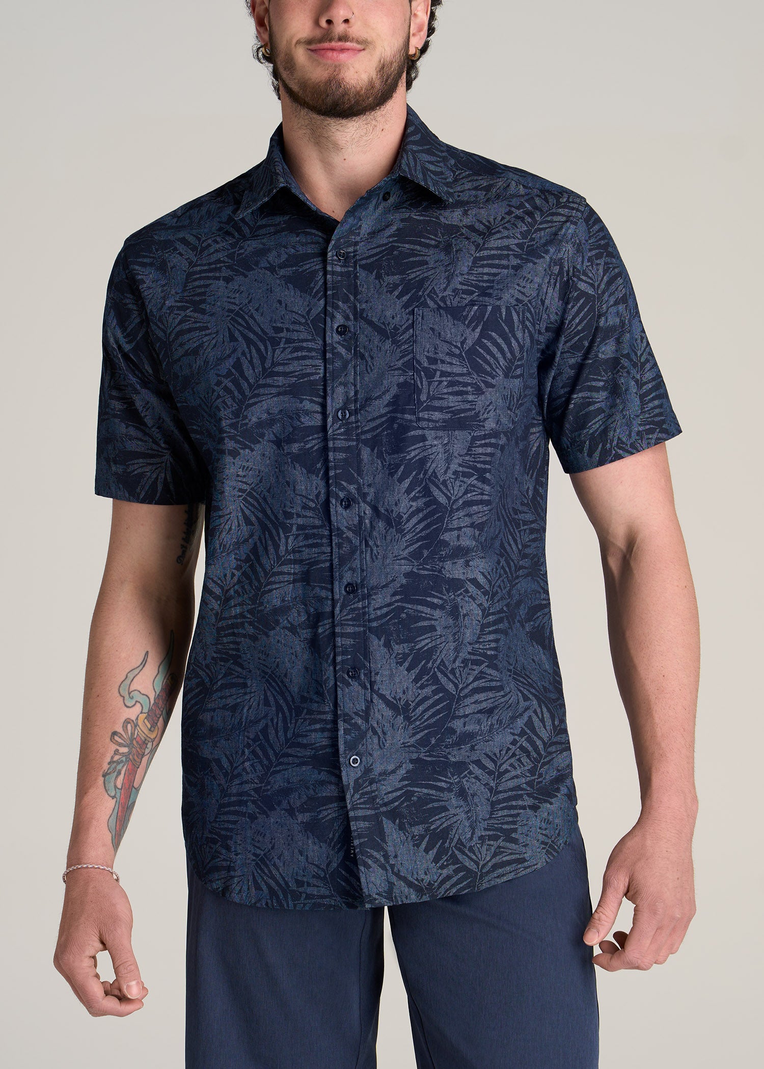 American-Tall-Men-Print-Chambray-Short-Sleeve-Button-Shirt-Navy-Island-Print-front