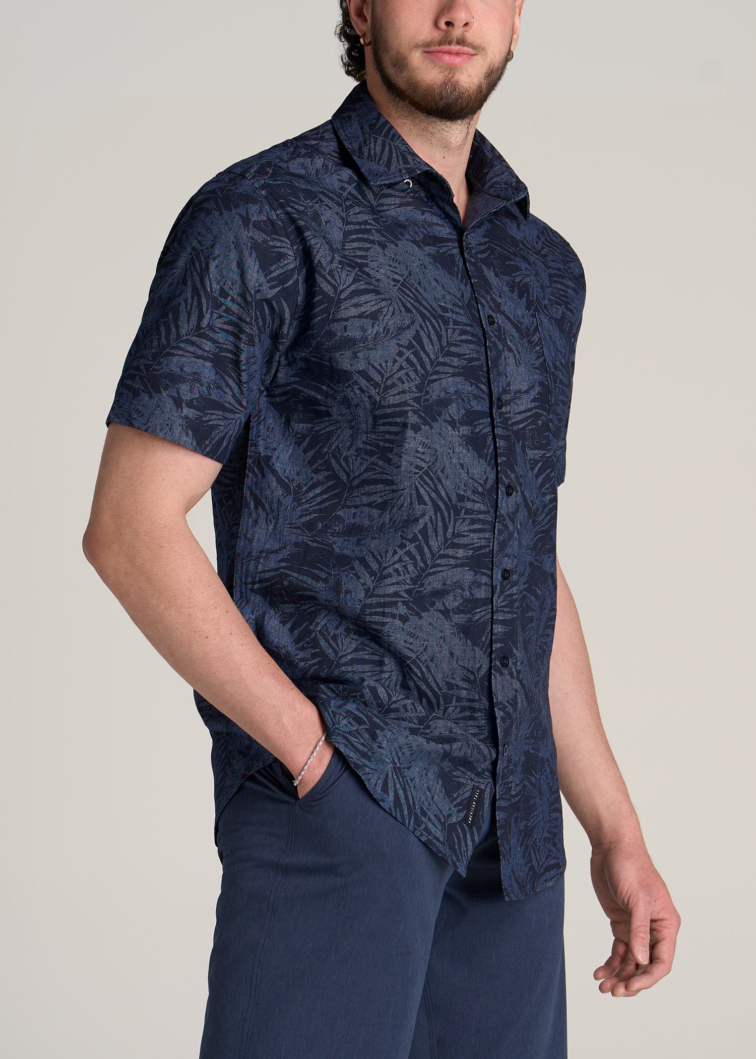 American-Tall-Men-Print-Chambray-Short-Sleeve-Button-Shirt-Navy-Island-Print-side
