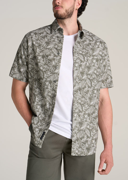    American-Tall-Men-Print-Chambray-Short-Sleeve-Button-Shirt-Olive-Paradise-front