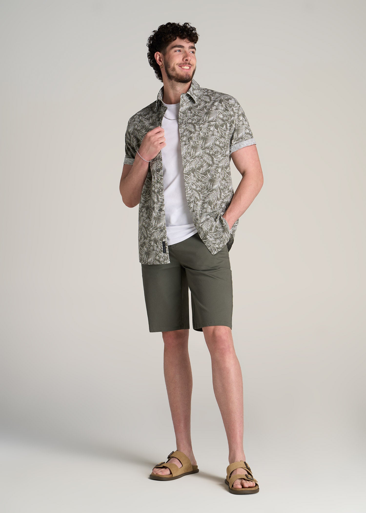   American-Tall-Men-Print-Chambray-Short-Sleeve-Button-Shirt-Olive-Paradise-full