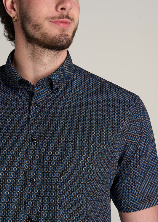    American-Tall-Men-Short-Sleeve-Button-Shirt-Black-Blue-Bloom-Print-detail