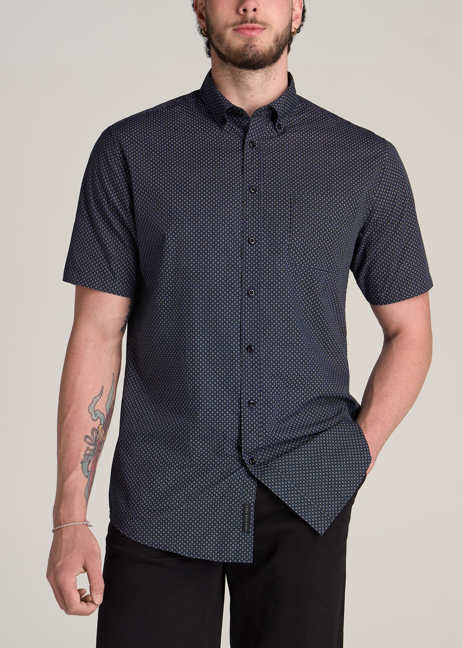       American-Tall-Men-Short-Sleeve-Button-Shirt-Black-Blue-Bloom-Print-front