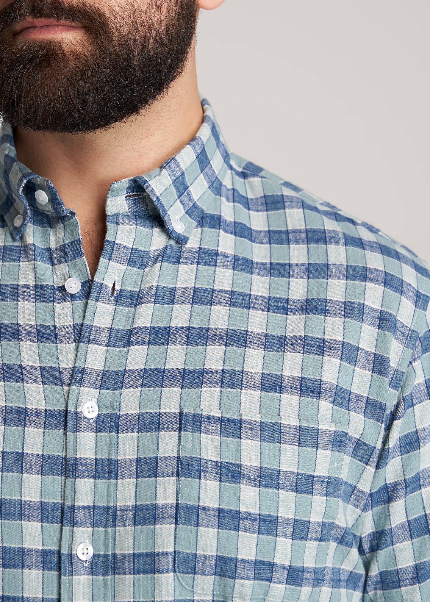    American-Tall-Men-ShortSleeve-ButtonShirt-EucalptusBluePlaid-detail