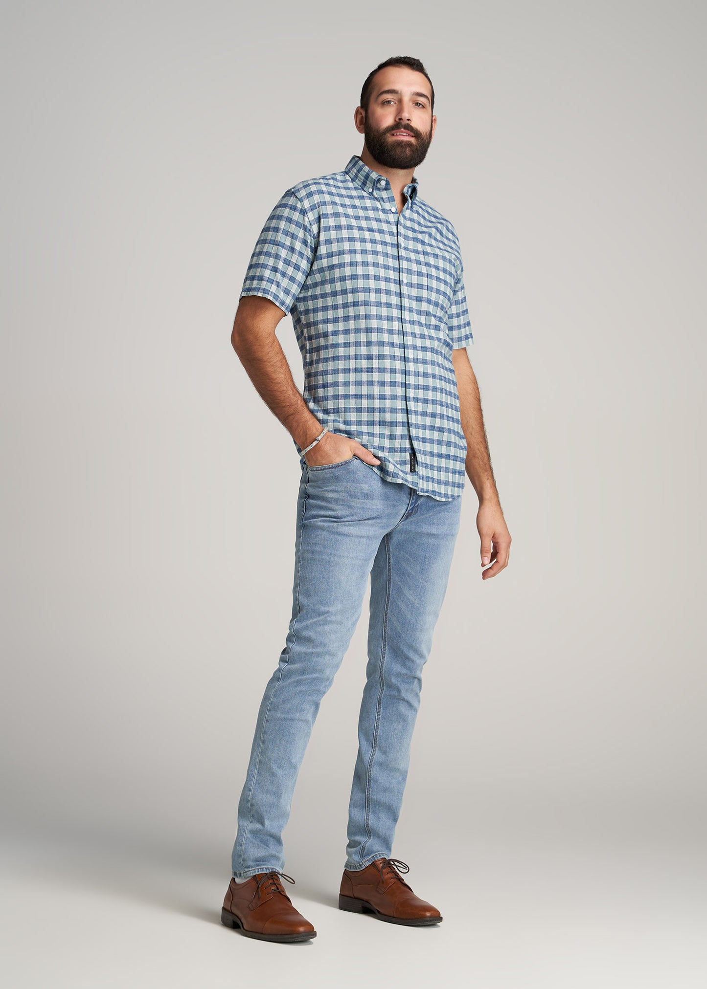         American-Tall-Men-ShortSleeve-ButtonShirt-EucalptusBluePlaid-full