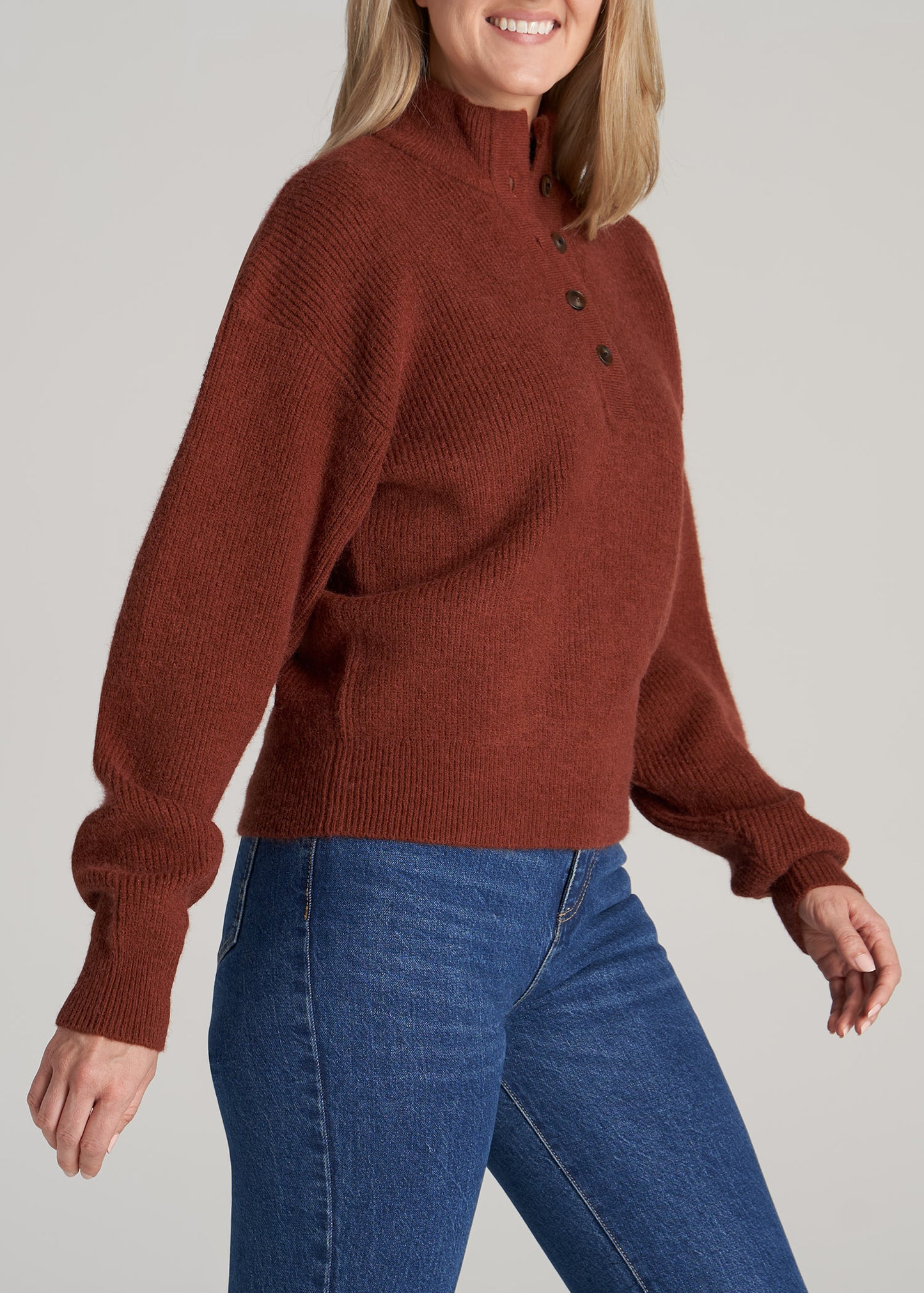    American-Tall-Women-Button-Front-Mock-Neck-Sweater-Copper-side