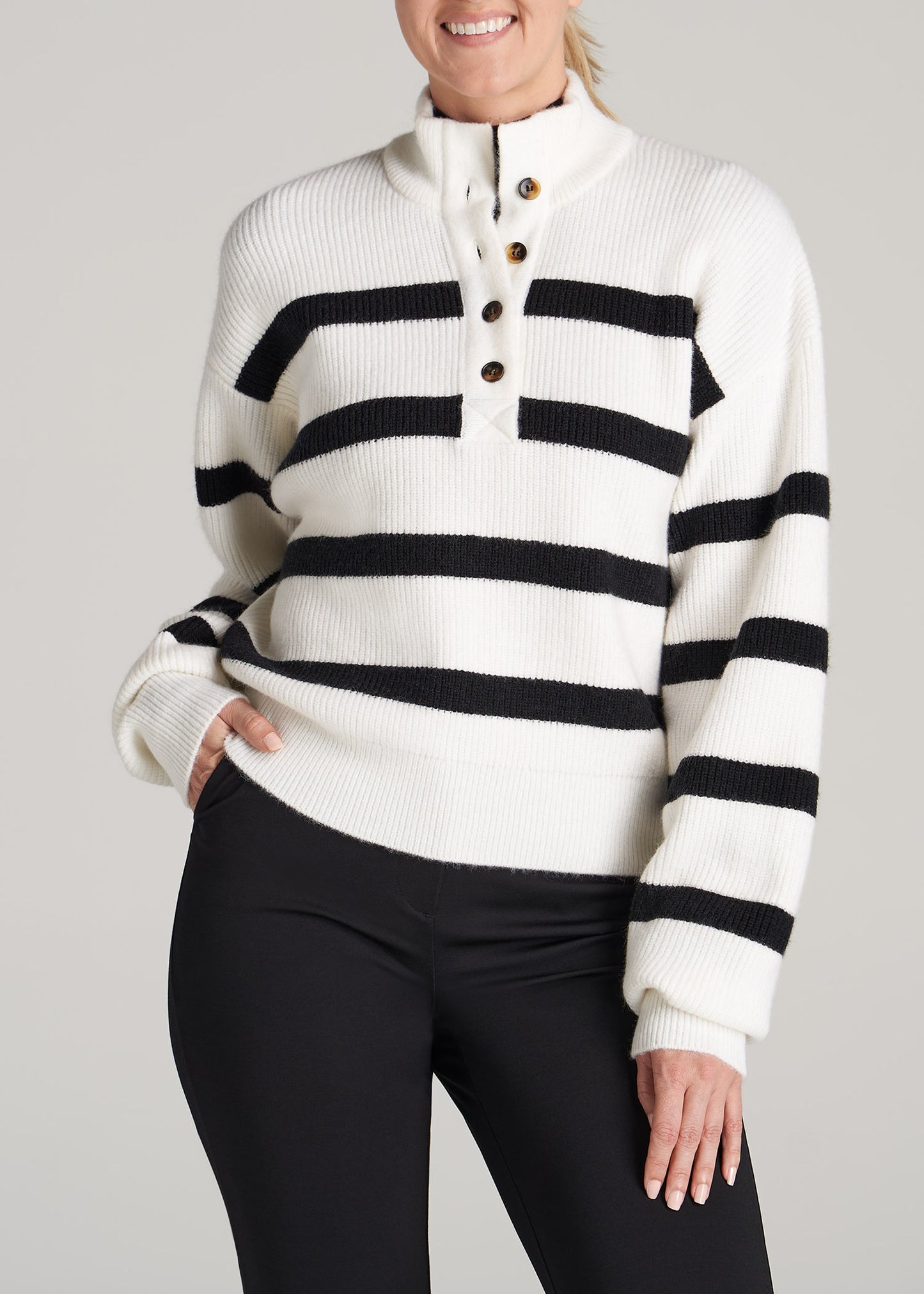       American-Tall-Women-Button-Front-Mock-Neck-Sweater-Off-White-Black-Stripe-front