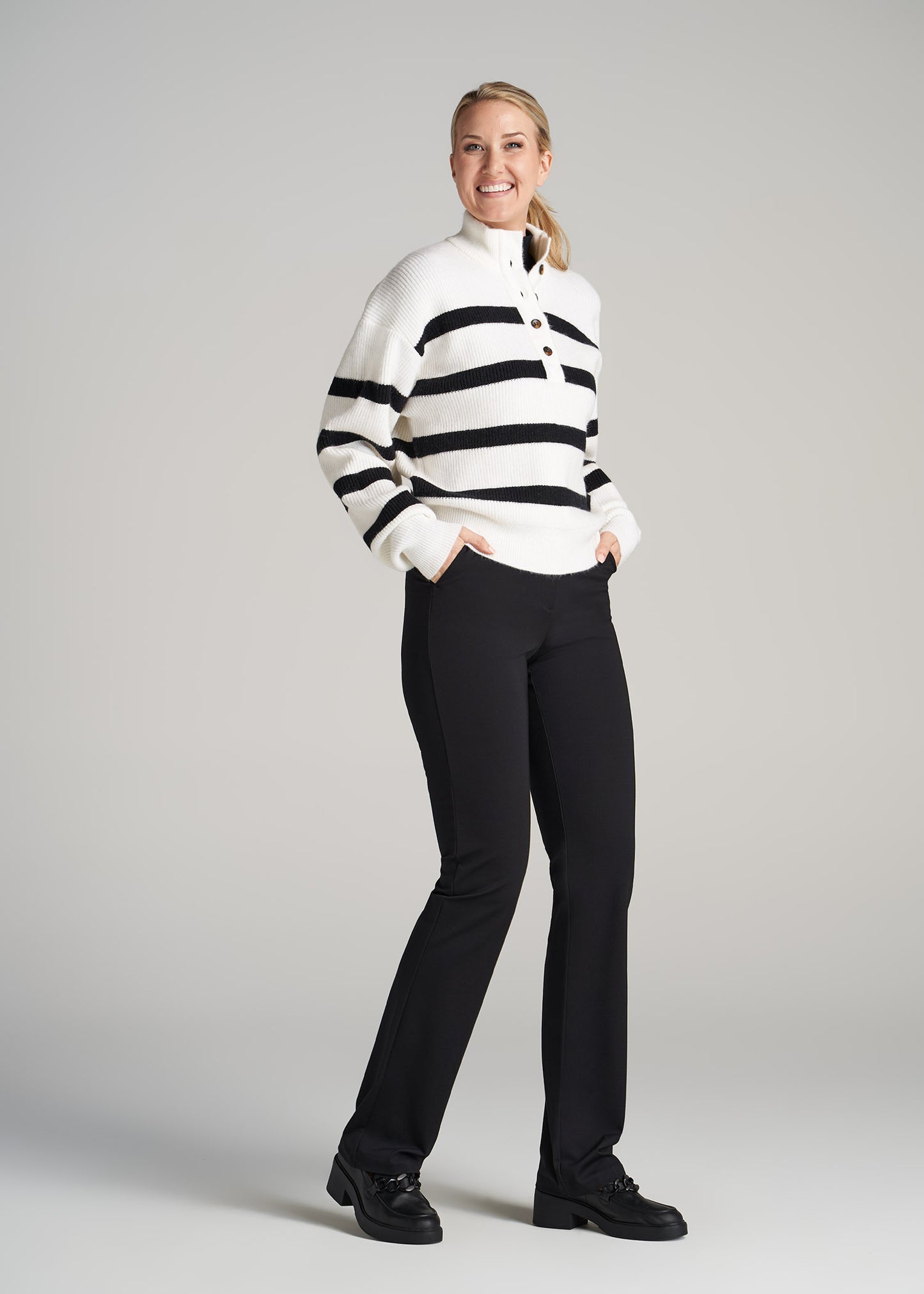    American-Tall-Women-Button-Front-Mock-Neck-Sweater-Off-White-Black-Stripe-full