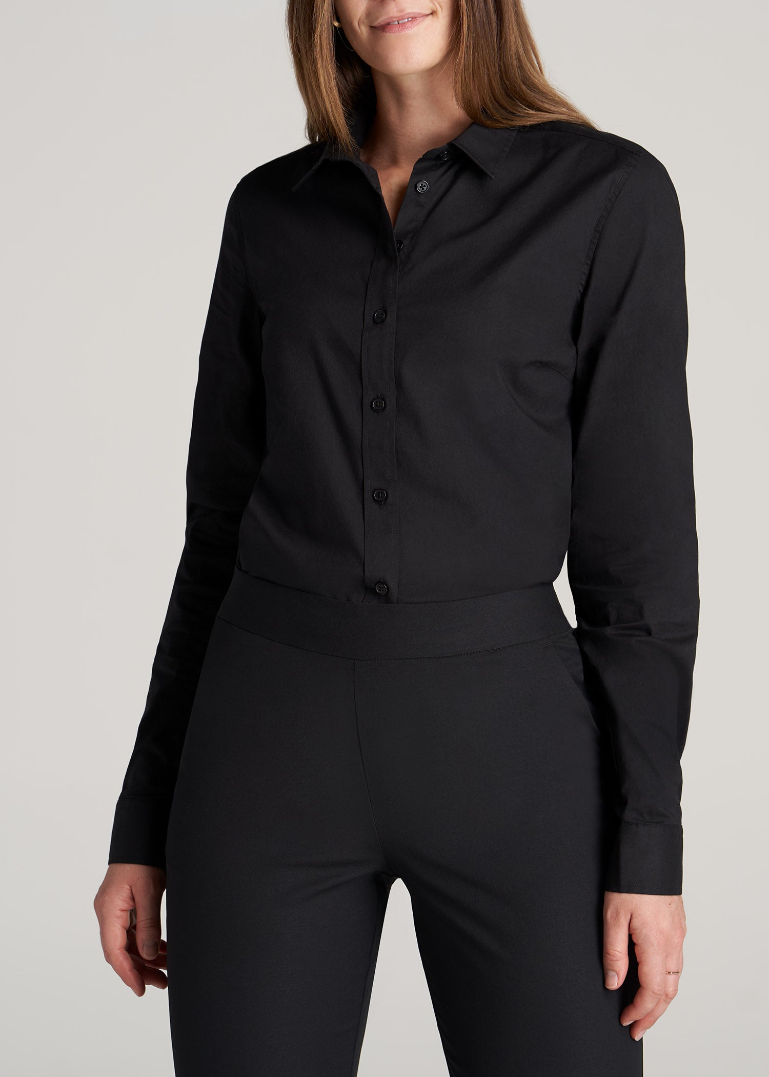       American-Tall-Women-Button-Up-Dress-Shirt-Black-front