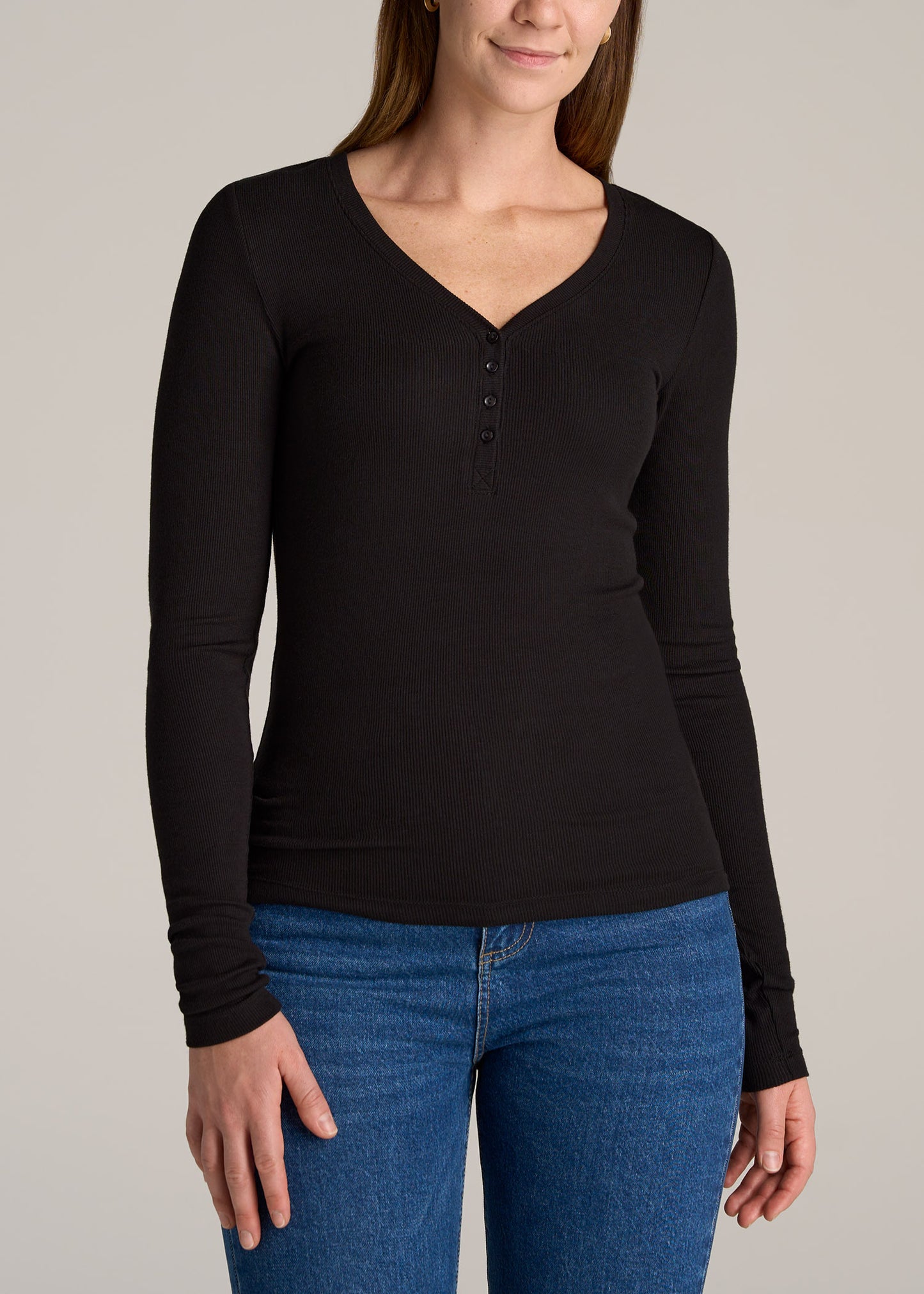     American-Tall-Women-FITTED-Ribbed-Long-Sleeve-Henley-Black-front
