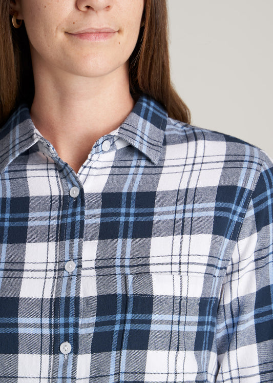    American-Tall-Women-Flannel-Button-up-Shirt-Blue-White-Plaid-detail