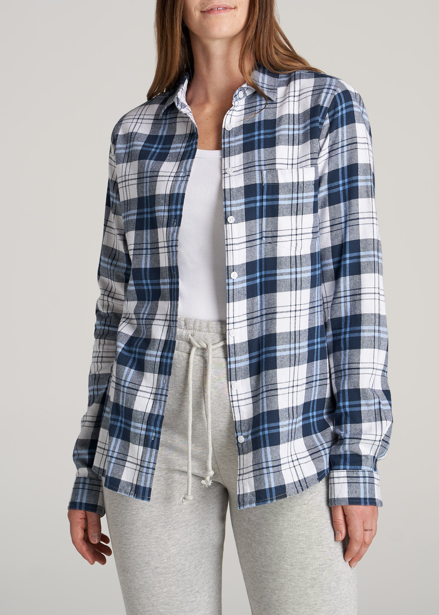   American-Tall-Women-Flannel-Button-up-Shirt-Blue-White-Plaid-front