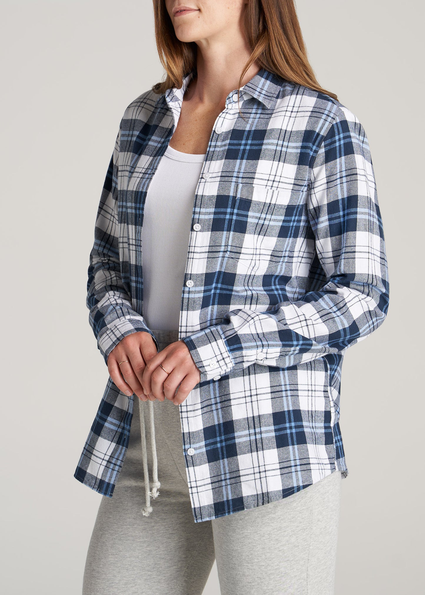     American-Tall-Women-Flannel-Button-up-Shirt-Blue-White-Plaid-side