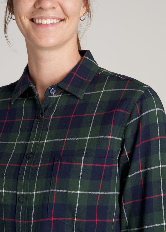    American-Tall-Women-Flannel-Button-up-Shirt-Green-Blue-Plaid-detail