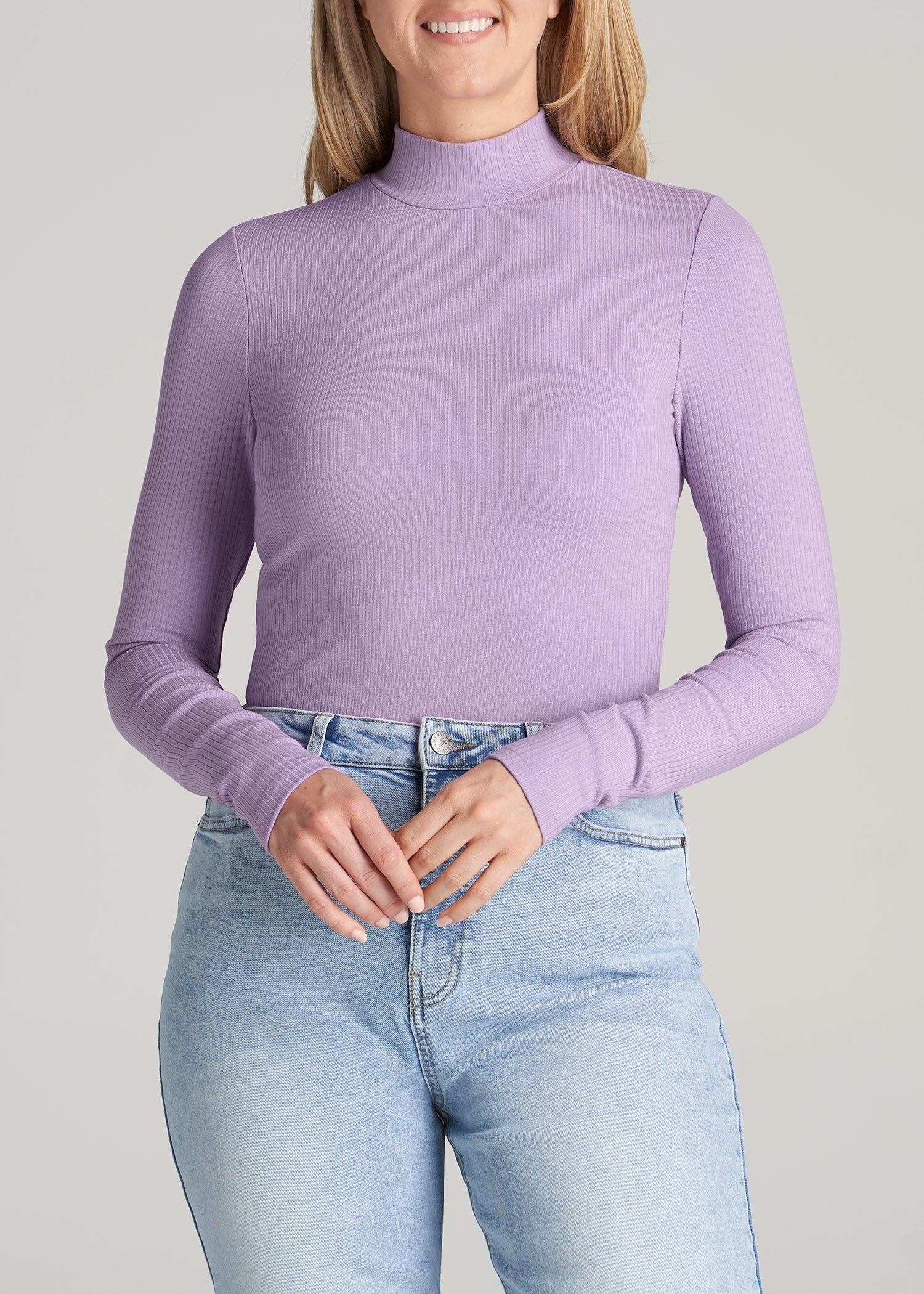      American-Tall-Women-LS-Mock-Neck-Ribbed-Top-Lavender-Frost-front
