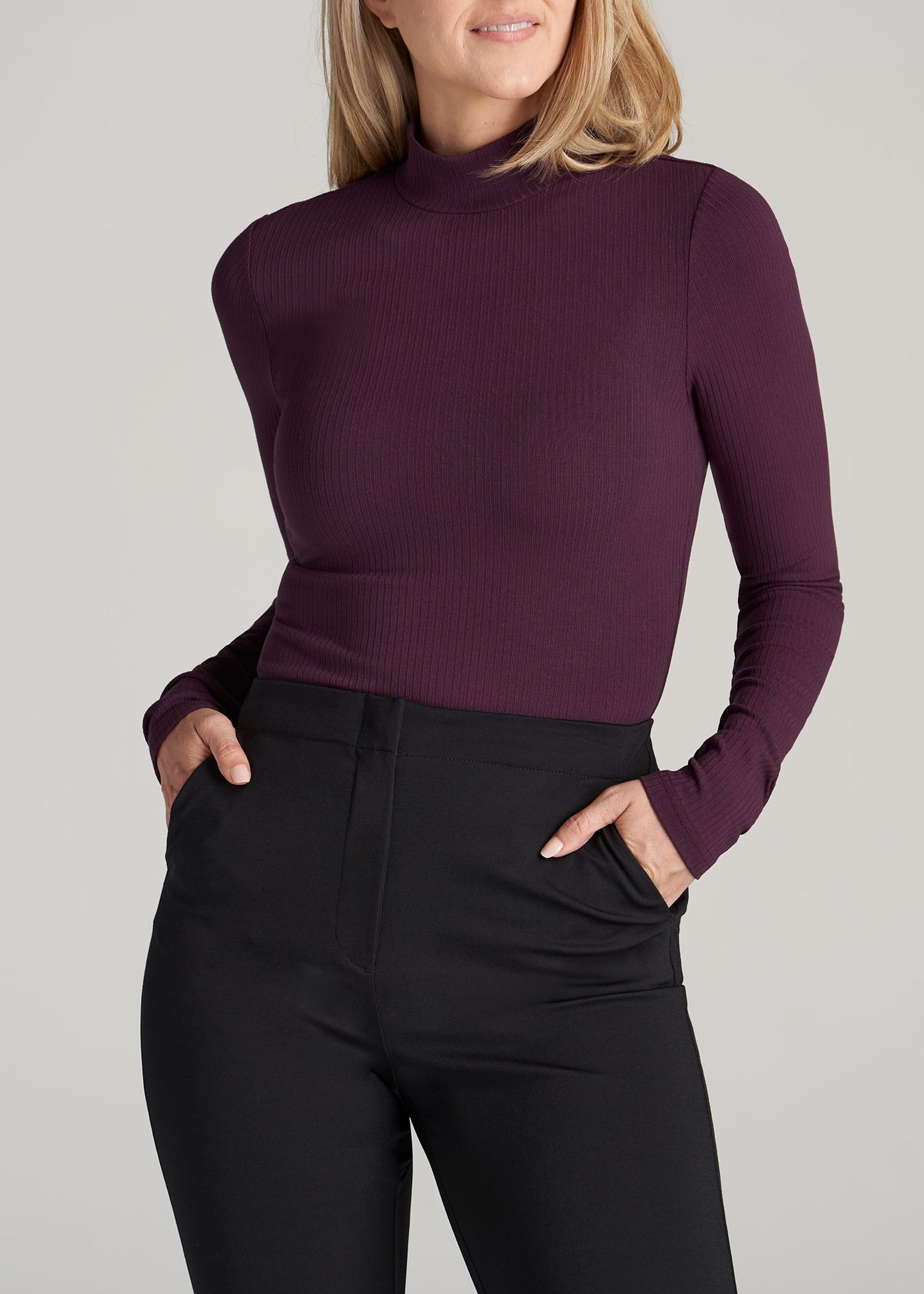        American-Tall-Women-LS-Mock-Neck-Ribbed-Top-Maroon-front