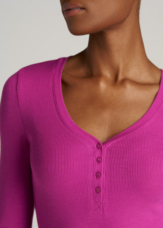     American-Tall-Women-LS-Ribbed-V-Neck-Henley-Pink-Orchid-detail