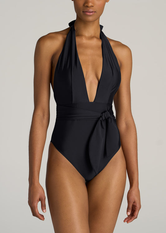     American-Tall-Women-Plunging-Halter-Swimsuit-Black-front