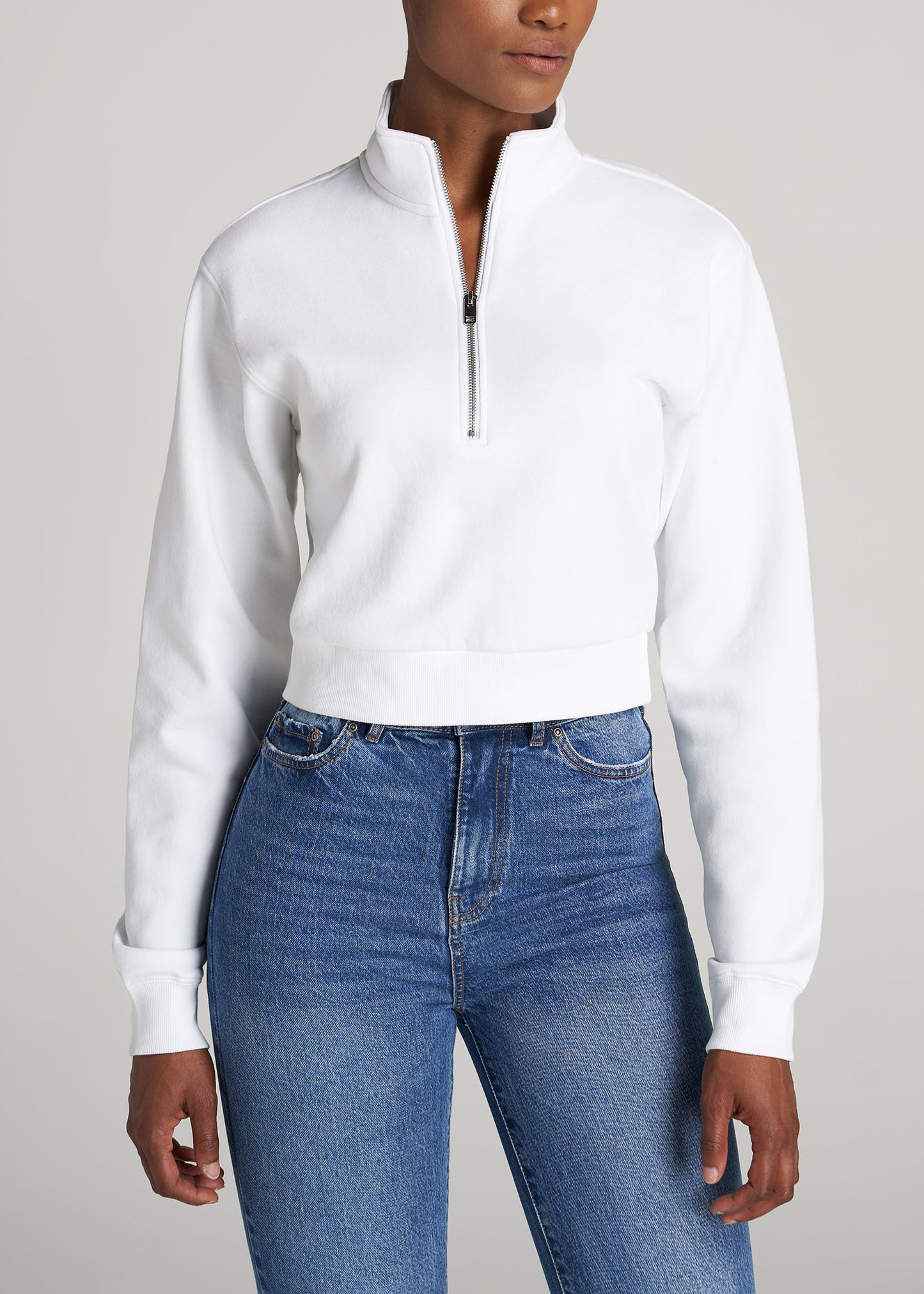       American-Tall-Women-WKND-Cropped-HalfZip-Sweatshirt-Bright-White-front