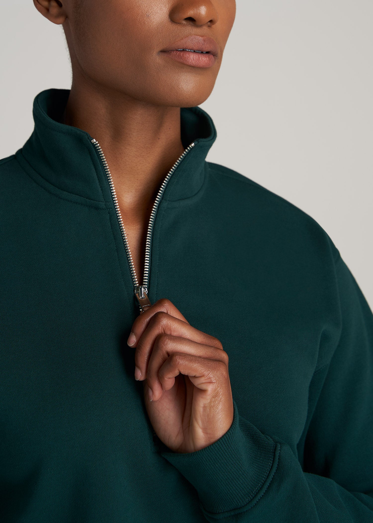         American-Tall-Women-WKND-Cropped-HalfZip-Sweatshirt-Emerald-detail