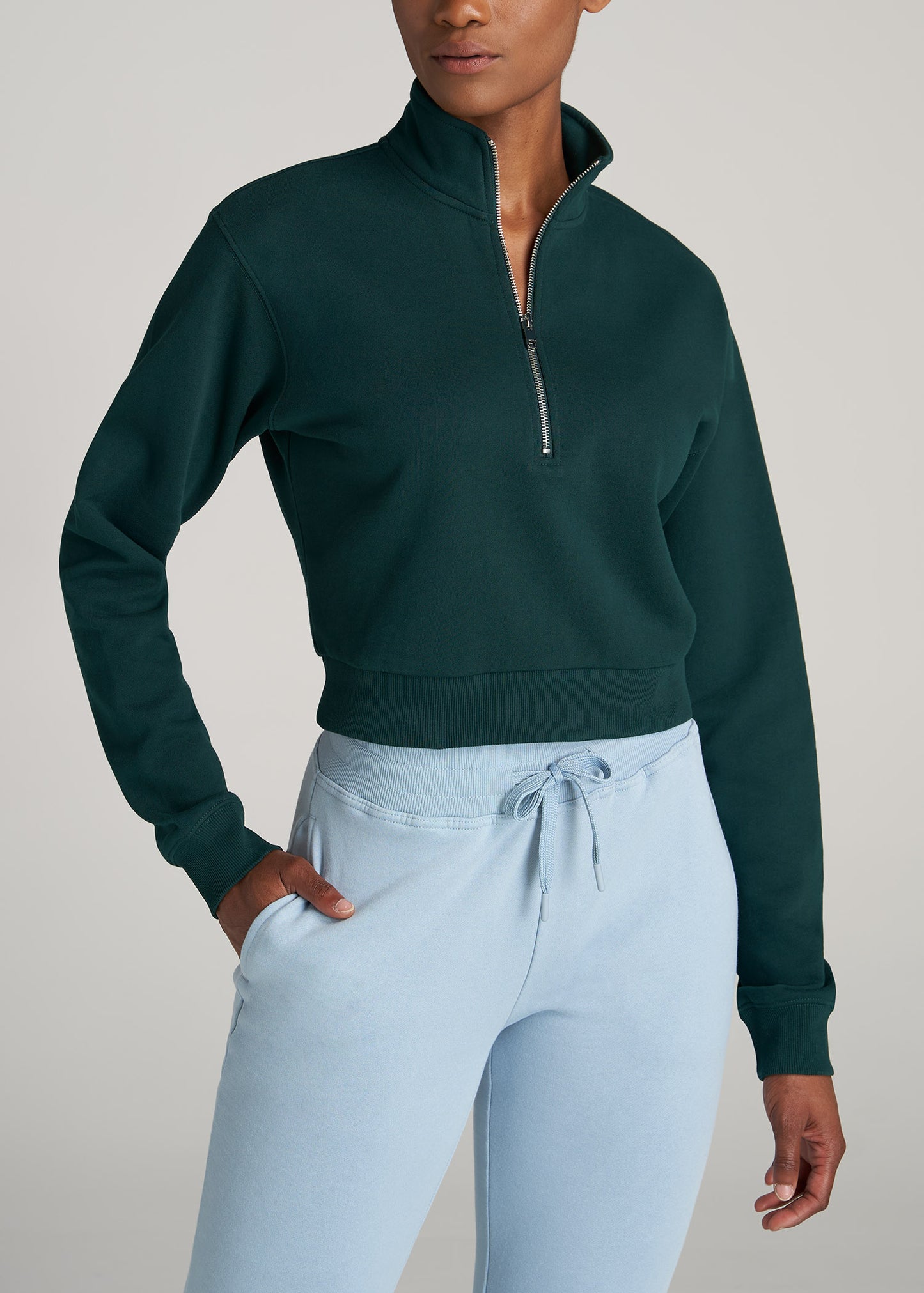       American-Tall-Women-WKND-Cropped-HalfZip-Sweatshirt-Emerald-front