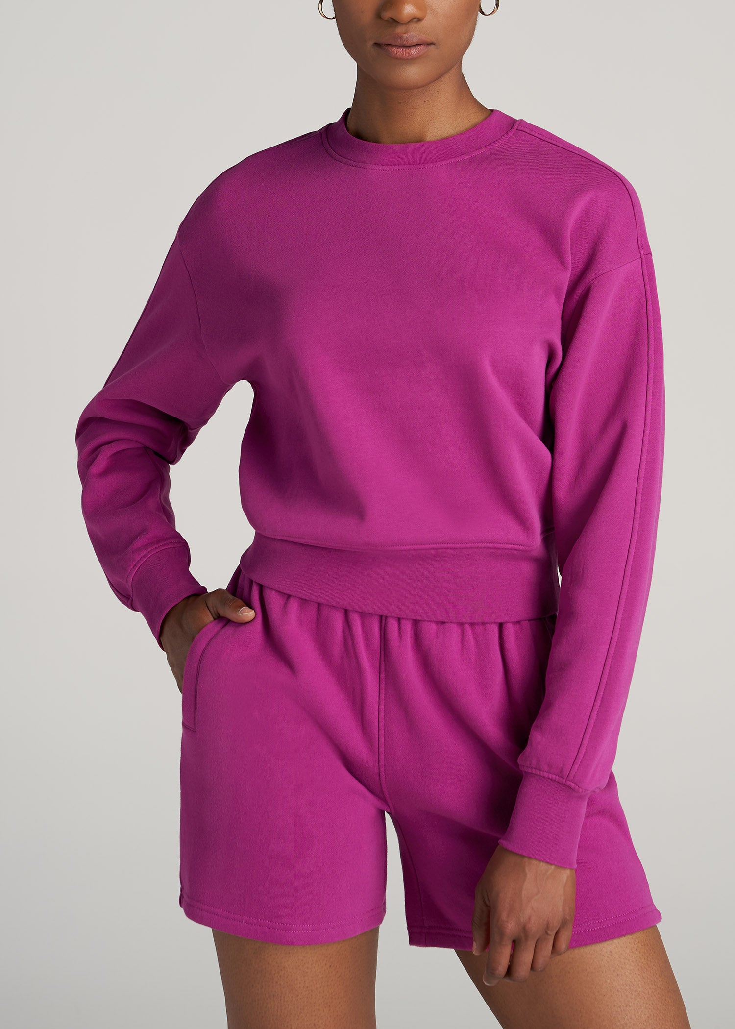       American-Tall-Women-WKND-Fleece-Cropped-Crew-Sweatshirt-Pink-Orchid-front